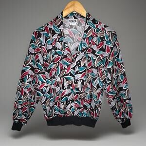 Orare Womens Blouse Size 8 Black Cuffed Abstract Leaf Print Dark Red Teal Top